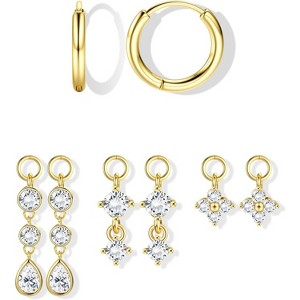 Mix & Match Earrings Set, 14K Gold Plated & S925 Sterling Silver Huggie Hoops with CZ Drops, Hypoallergenic Dainty Jewelry - 1 of 4