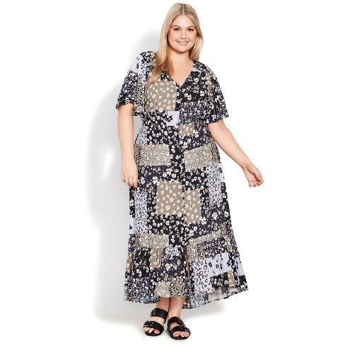 Evans | Women's Plus Size Maxi Sasha Fltr Slv - Black Patch - 30w