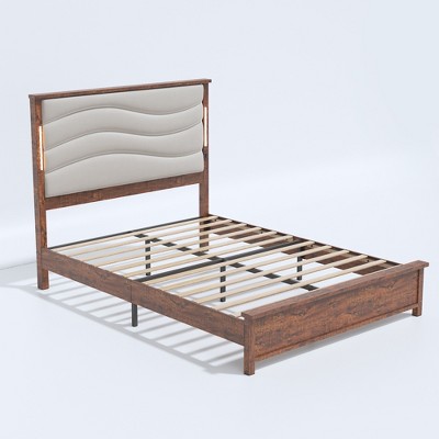 TiramisuBest Queen Size Bed Frame with Upholstered Headboard - Beige MDF+Metal Design