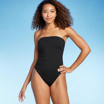 Women's Shirred Ribbed Bandeau Cheeky One Piece Swimsuit - Shade & Shore™  Blue XL