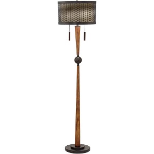 Franklin Iron Works Modern Mid Century Farmhouse Rustic Floor Lamp 64" Tall Bronze Cherry Wood Metal Cream Double Drum Shade for Living Room Reading - 1 of 4