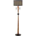 Franklin Iron Works Mid Century Modern Floor Lamp 64" Tall Cherry Wood Perforated Metal Cream Linen Double Shade for Living Room Bedroom