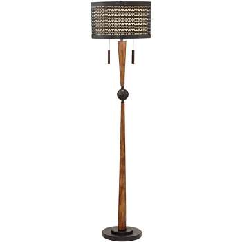 Franklin Iron Works Modern Mid Century Farmhouse Rustic Floor Lamp 64" Tall Bronze Cherry Wood Metal Cream Double Drum Shade for Living Room Reading