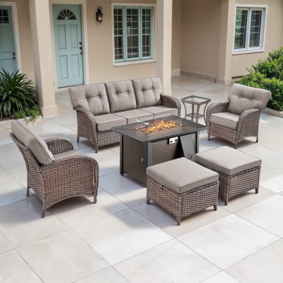 Belord Outdoor All Weather Wicker Patio Furniture Set, 7 Pieces Brown Wicker Patio Furniture Sofa Set with Propane Firepit Table