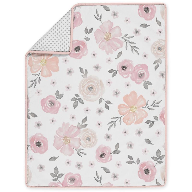 Sweet Jojo Designs Girl Baby Crib Bedding Set - Watercolor Floral Pink Grey White 4pc, 4 of 8