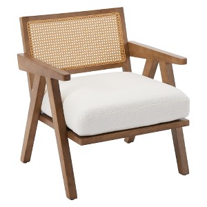Mid Century Modern Accent Chair, Comfy Living Room Chairs with Sturdy Wood Legs, Rattan Backrest & Beige Thick Linen Cushion - 1 of 4