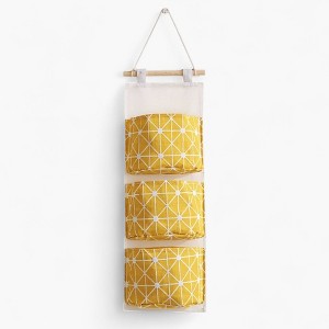 Anna-Kaci Hanging Wall Organizer with Three Fabric Pockets and Wooden Rod Design - Yellow - 1 of 4