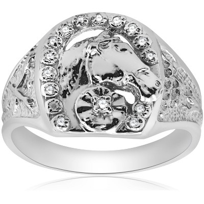 Pompeii3 Mens Diamond Lucky Horseshoe Ring 10K White Gold