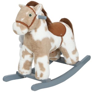 Rocking Horse, Kids Plush Animal Rocker with Realistic Sound for Toddlers, Soft Filling Ride on Horse with Rabbit Toy, Brown - 1 of 4