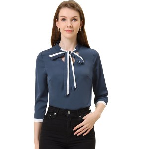 Allegra K Women's Office Bow Tie V Neck 3/4 Sleeve Elegant Chiffon Work Tops - 1 of 4