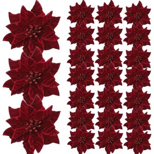 24 Pcs Artificial Poinsettia Flowers, 6.3" Large Velvet Christmas Floral Picks with Stems for Tree, Wreath, Garland, Wedding Ornaments - 1 of 4