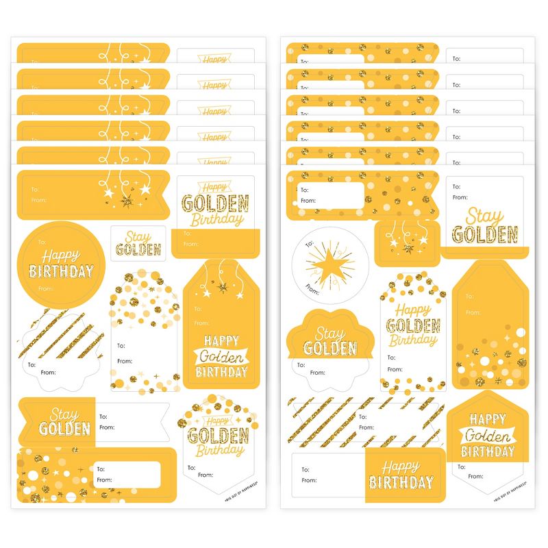 Big Dot of Happiness Golden Birthday - Assorted Happy Birthday Party Gift Tag Labels - To and From Stickers - 12 Sheets - 120 Stickers, 1 of 9