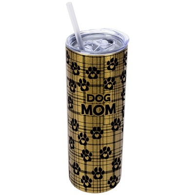 Elanze Designs Plaid Paw Prints Vegas Gold 20 Ounce Double Wall Stainless Steel Glitter Travel Tumbler With Sliding Lid And Straw, Dog Mom