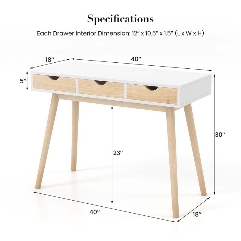 Costway Computer Desk 40'' Wooden Workstation Vanity Table with3 Drawers & Rubber Wood Legs, 3 of 11