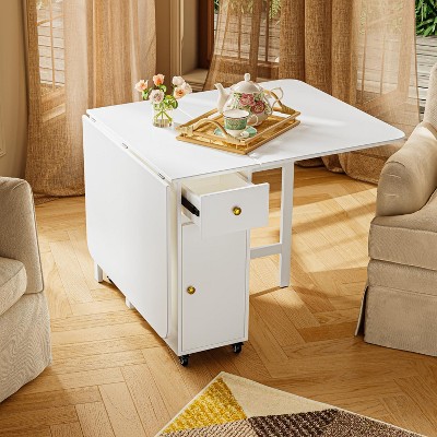 ATJafurn 58.9'' Foldable Dining Table For Small Space, Rectangular Wood Folding Extendable Kitchen Table with Drop Leaves, No Assembly Required