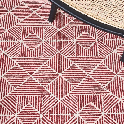 Ivory and Red Abstract Geometric Wool Area Rug, 5' x 8'