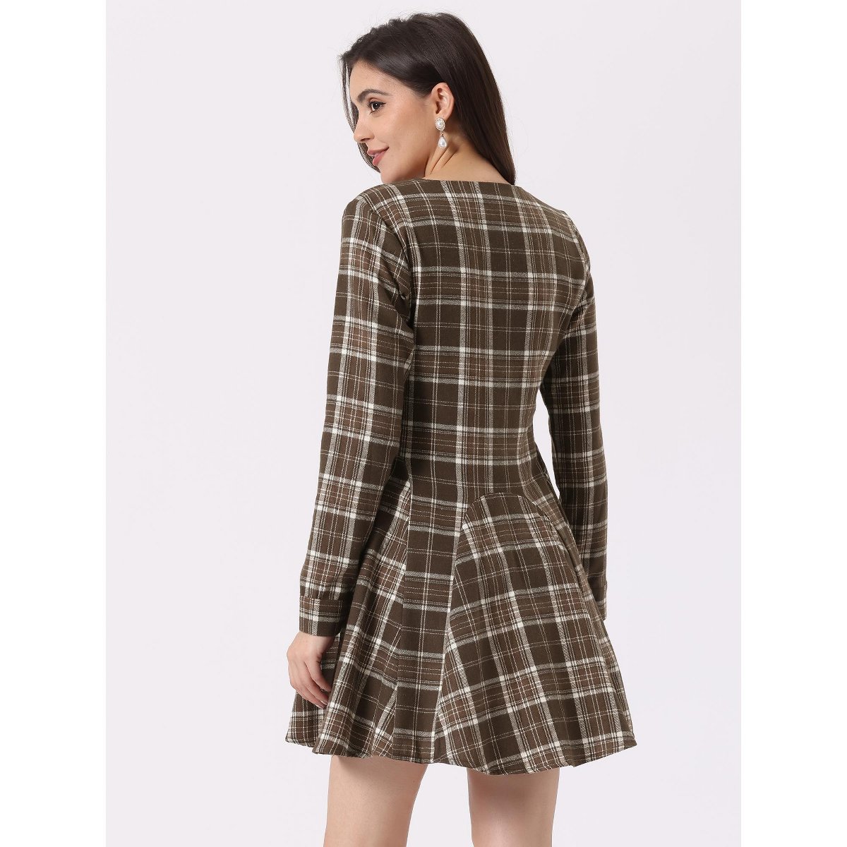Женские платья INSPIRE CHIC Women's Plaids Long Sleeves Belted Mini A Line Shirt Dress Brown Small — фото 4