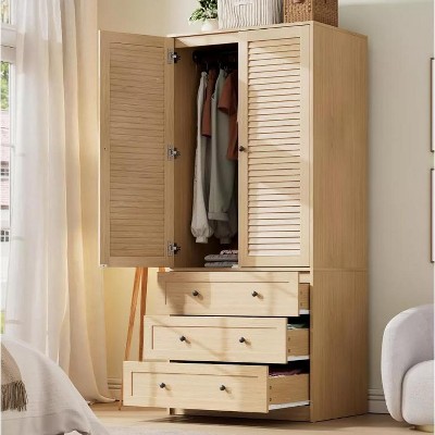 Nasitip Armoire Wardrobe Closet, 69.5" Wooden Wardrobe Cabinet with 3 Drawers, Hanging Rod, 2 Louvered Doors Clothing Storage Cabinet for Bedroom