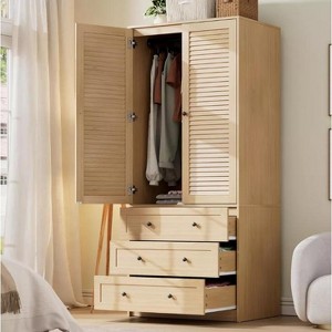 Nasitip Armoire Wardrobe Closet, 69.5" Wooden Wardrobe Cabinet with 3 Drawers, Hanging Rod, 2 Louvered Doors Clothing Storage Cabinet for Bedroom - 1 of 4
