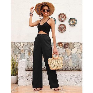 Coolmee Women's Linen Casual High Waist Wide Leg Straight Dress Cotton Linen  Pants Button Trousers with Pockets 2XL Black : Target