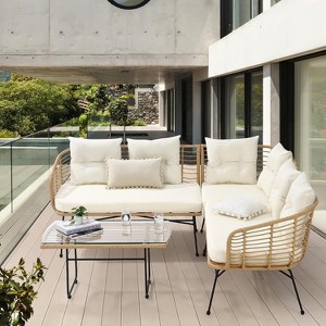 4-Piece Outdoor Wicker Patio Set with Cushions & Coffee Table, All-Weather Conversation Sofa Set for Balcony, Backyard, Poolside – Beige - 1 of 4