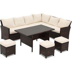Heynemo 7 Pcs Outdoor Conversation Set All Weather Wicker Sectional Sofa Set Dining Table Chair and Ottoman,Steel Frame - 1 of 4