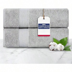 100 Turkish Cotton Bath Towel Set, 2 Pcs, Light Grey, 27x54 Inches, Soft Absorbent - 1 of 4
