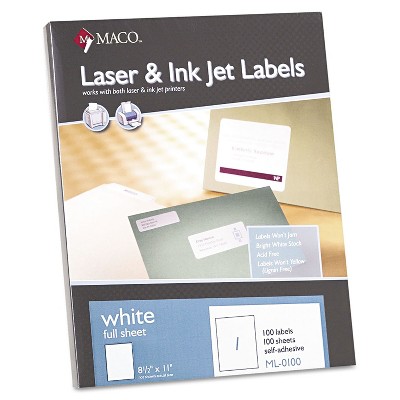 MACO White Laser/Inkjet Full-Sheet Identification Labels 8 1/2 x 11 White 100/Box ML0100