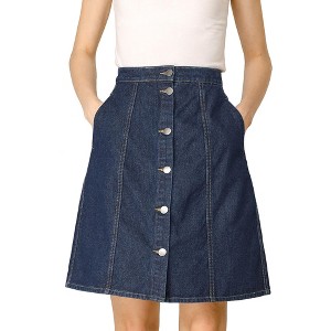 Allegra K Women's Elastic Back Short Button Down Denim Skirts with Pockets - 1 of 4