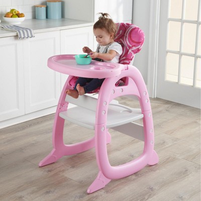 Pink and White Reclining Convertible Baby High Chair with Play Table