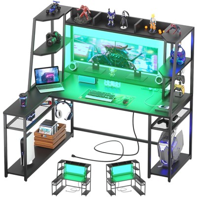 Aheaplus 63'' L Shaped Desk with Hutch, Corner Computer Desk with Charging Station and LED Light