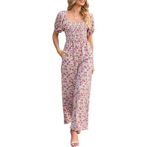 Women's Summer Smocked Jumpsuits Casual Square Neck Short Sleeve High Waist Wide Leg Rompers with Pockets - 1 of 4