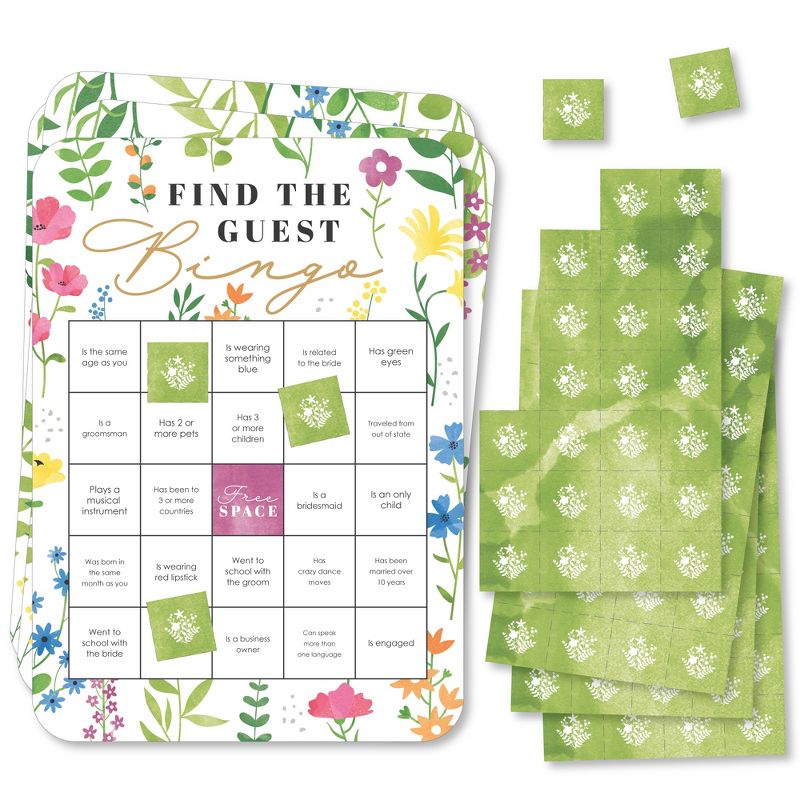 Big Dot of Happiness Wildflowers Bride - Find the Guest Bingo Cards and Markers - Boho Floral Bridal Shower and Wedding Party Bingo Game - Set of 18, 1 of 6