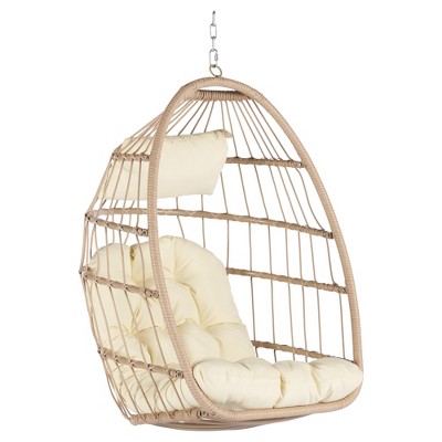 NAYSAYE Patio Swing Rattan Egg Hanging Chair with Wood Frame for Outdoor Garden Relaxation, khaki, 28.5"*55.6"*24"