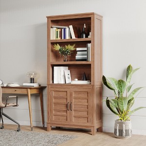 5 Tier Bookshelf with Doors, 71 Inch Tall Wood Farmhouse Bookcase, Space Saving Display Storage Cabinet Accent Cabinet for Living Room Bedroom - 1 of 4