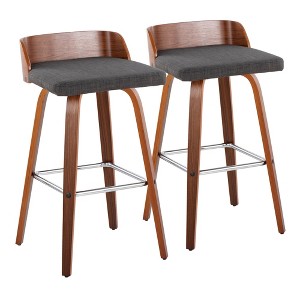 30" Fabric Padded Mid-Century Modern Barstool with Swivel and Square Metal Footrest on Wood Legs for Kitchen Island or Home Bar, Set of 2 - 1 of 4