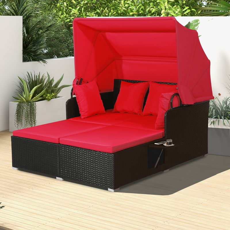 Costway Patio Rattan Daybed Lounge Retractable Top Canopy Side Tables Cushions Off White/Red/Turquoise, 2 of 11