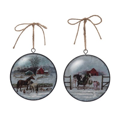 Transpac Glass Illustrated Farm Scene Ornament Set of 2 Christmas Home Decorations