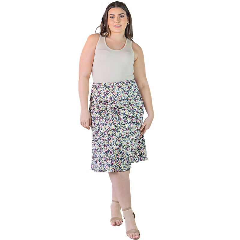 Plus Size Knee Length Floral Print Elastic Waistband Skirt, 1 of 7