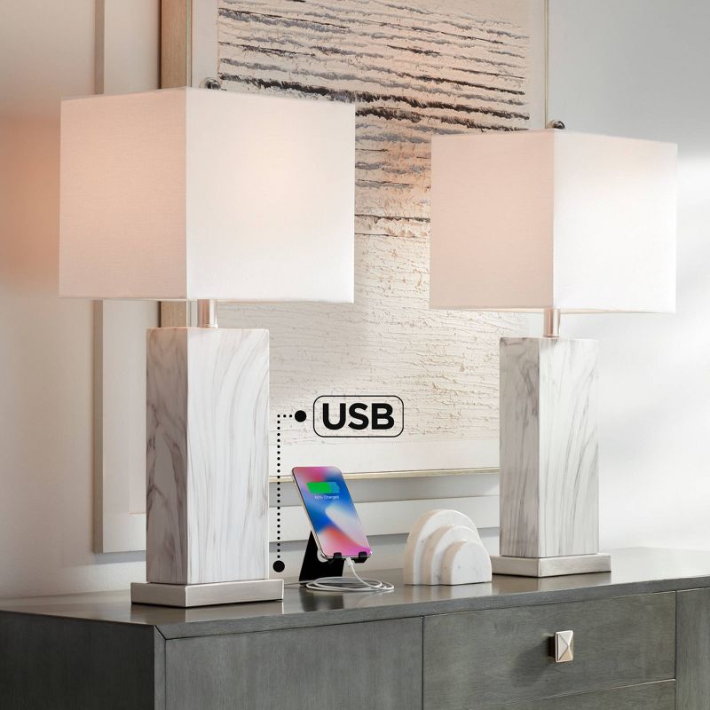 360 Lighting Connie Modern Table Lamps 25" High Set of 2 White Faux Marble with USB Charging Ports Rectangular Shade for Living Room Office Desk House, 3 of 11