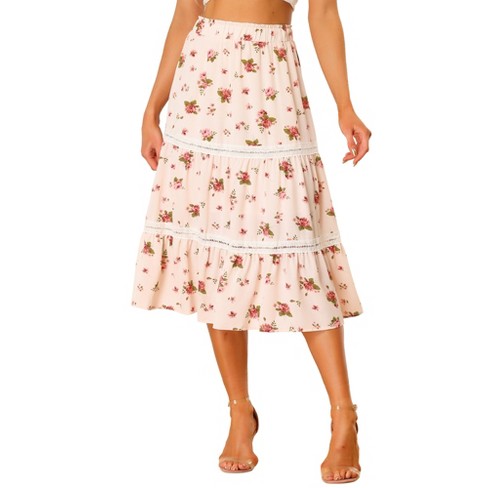 Allegra K Women s Floral Midi Skirts Elastic Waist Tiered Flowy