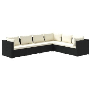 vidaXL 6-Piece Black Poly Rattan Patio Lounge Set with Cream Cushions – Modular Design for Customlayout, Outdoor Weatherproof Furniture - 1 of 4