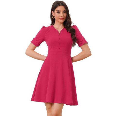 Женские платья INSPIRE CHIC Women's Elegant V Neck Puff Short Sleeve Work Office Flared Dresses Hot Pink Large
