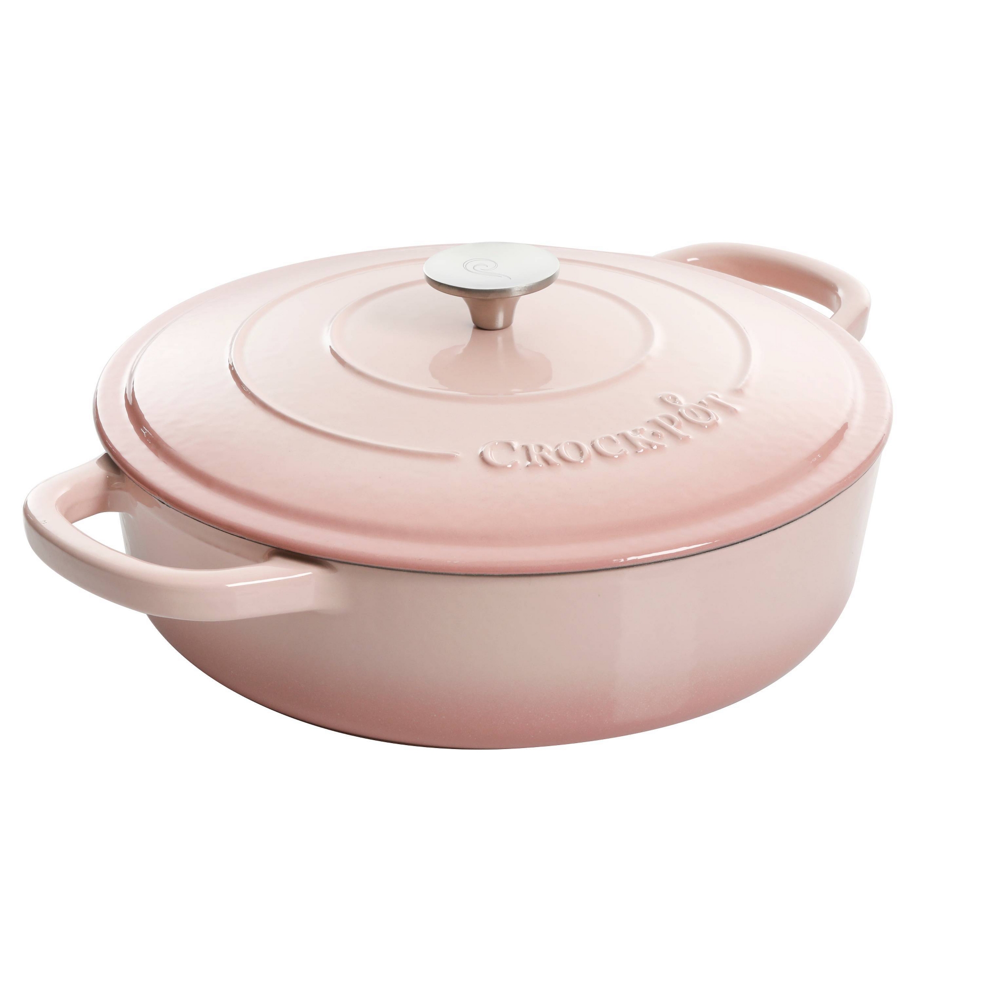 Crock Pot Artisan 5qt 4" Tallr Round Braiser Pink: Porcelain Enamel, Gas & Induction Compatible, Includes Lid, 12" Diameter