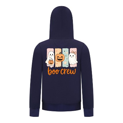 Everyday Kids “Boo Crew” Halloween Zip Up Hoodie – Cute Ghosts and Pumpkins – Cozy Fall Sweatshirt for Girls, Navy