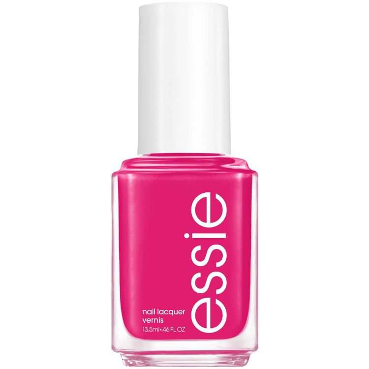 A bottle of pink colored nail polish with "essie" written on the front and a white cap.