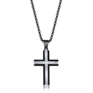 Metallo Mens Stainless Steel Black & Silver Polished Cross Necklace - Silver - 24 Inch - 1 of 3