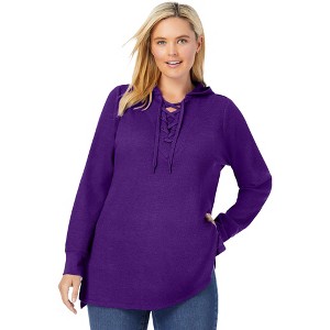 Woman Within Women's Plus Size Waffle-Thermal Lace-Up Hoodie - 1 of 4