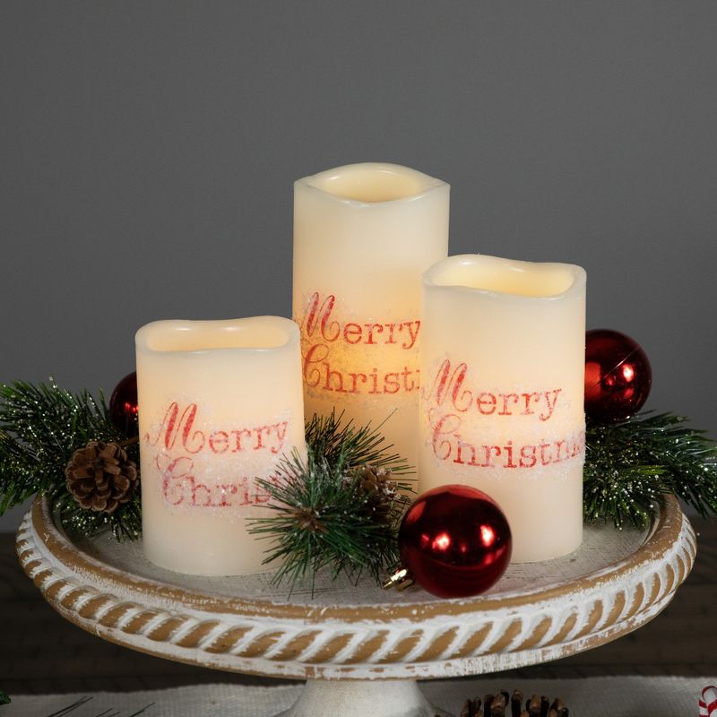 Northlight Set of 3 Frosted White "Merry Christmas" Flameless LED Wax Pillar Candles 6", 3 of 8