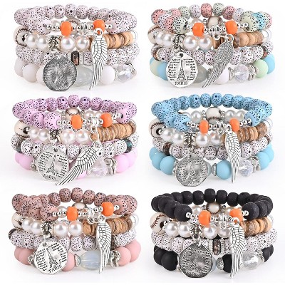 6 Sets Bohemian Stackable Stretch Bracelets Multi-color Boho Jewelry for Women with Various Charms